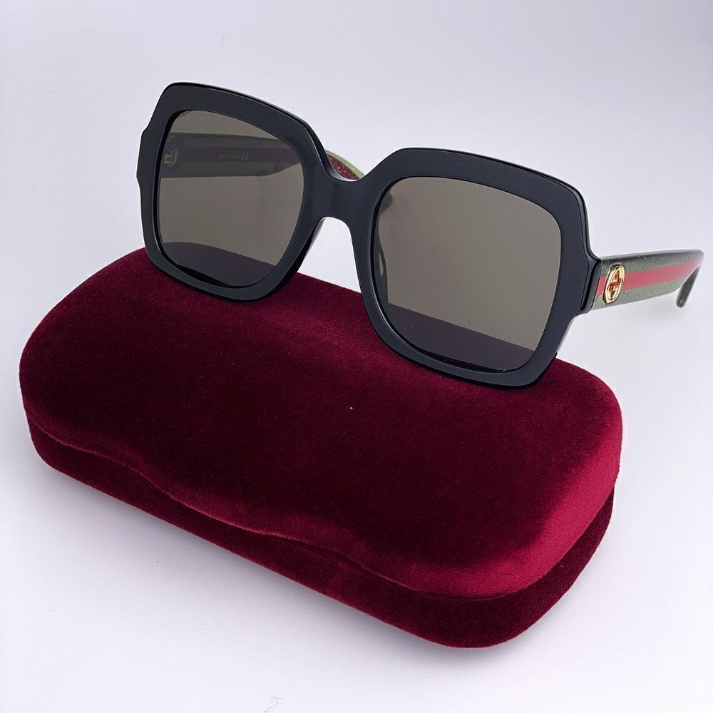 Brand New Gucci Gg0036sn 002 Black Green Red Square Women Sunglasses
